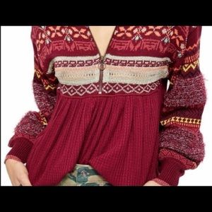 EUC! Free People Winter print half zip babydoll sweater red print S oversized
